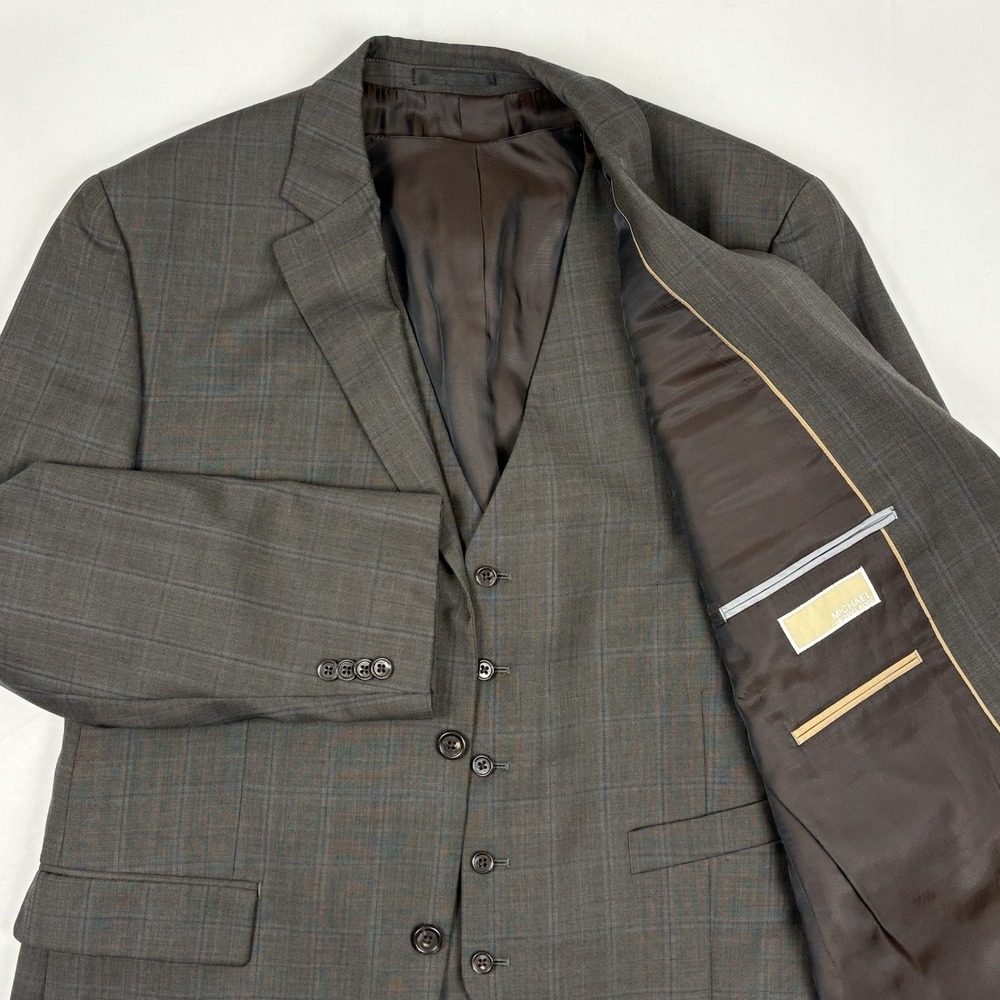 Michael Kors Wool Blend Sport Coat/Vest 44R Brownish-Gray Windowpane Plaid EUC